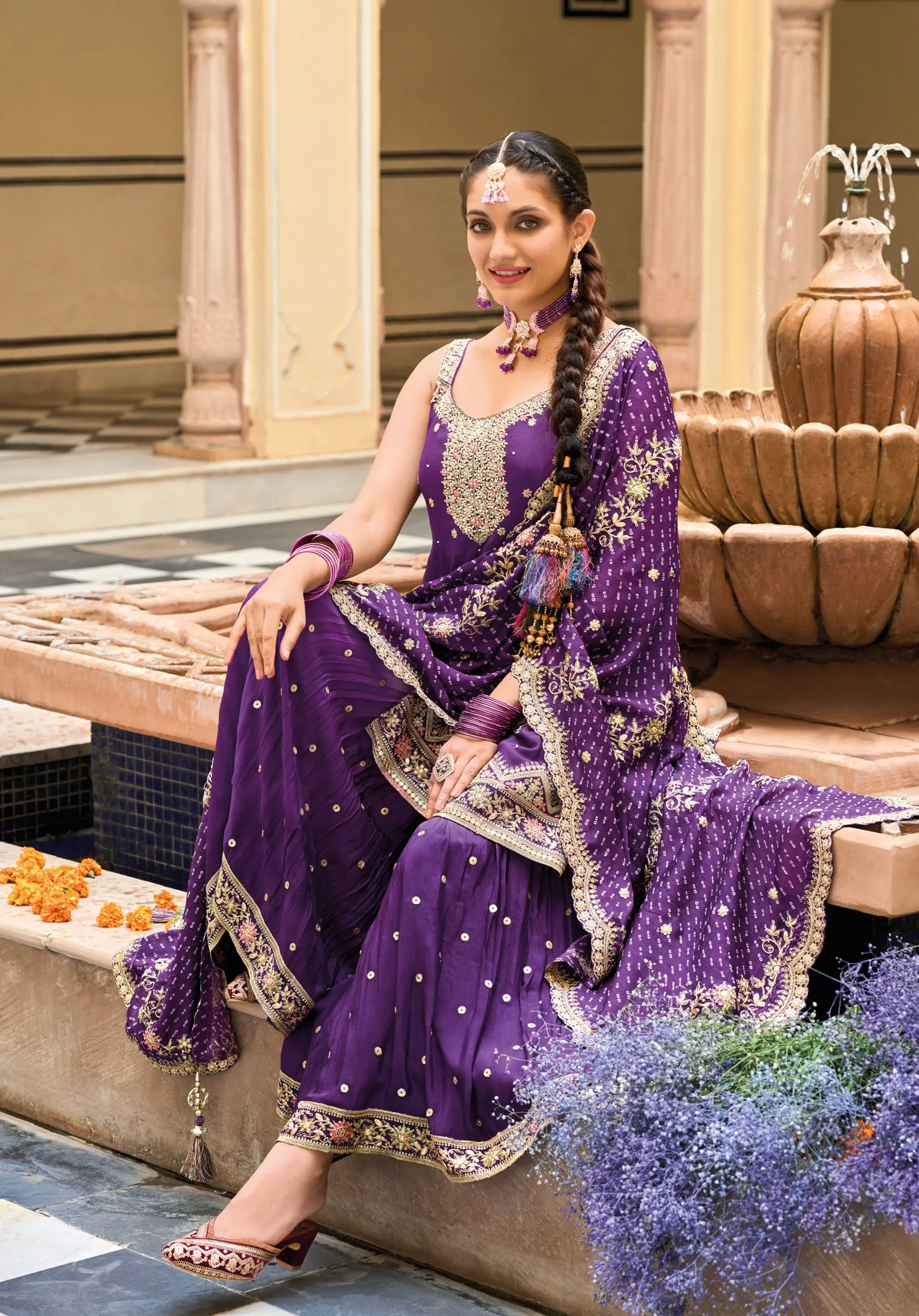 Purple Heavy Chinon Embroidered Palazzo Suit with Digital Print Dupatta