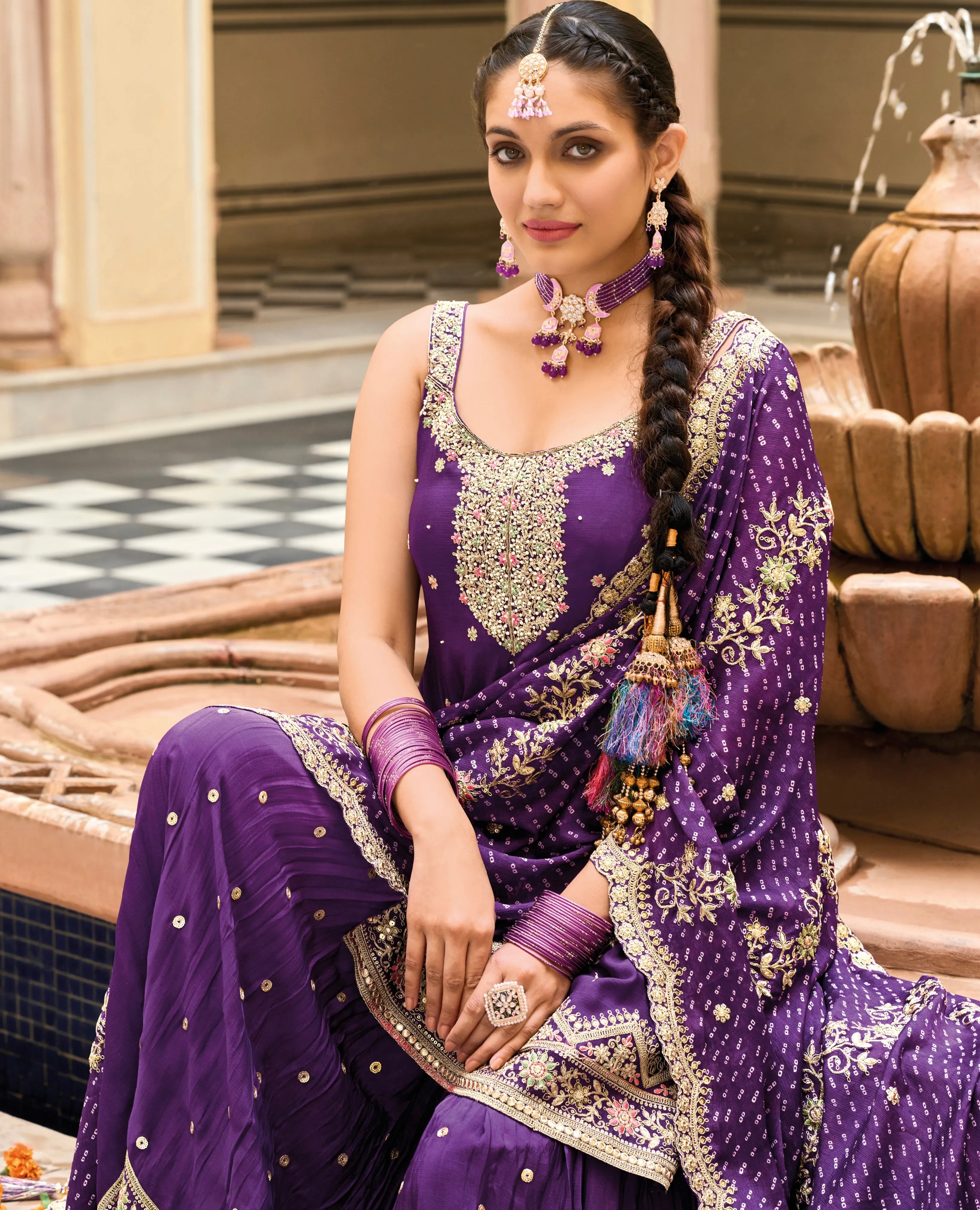 Purple Heavy Chinon Embroidered Palazzo Suit with Digital Print Dupatta