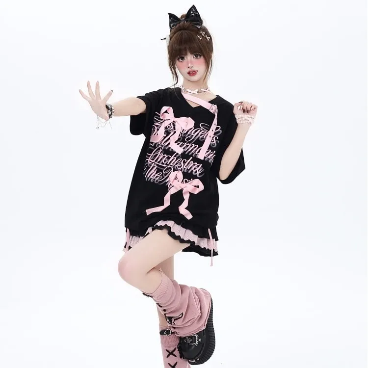 Summer Sweet Girl Style Three-Dimensional Bow Tie T-shirt