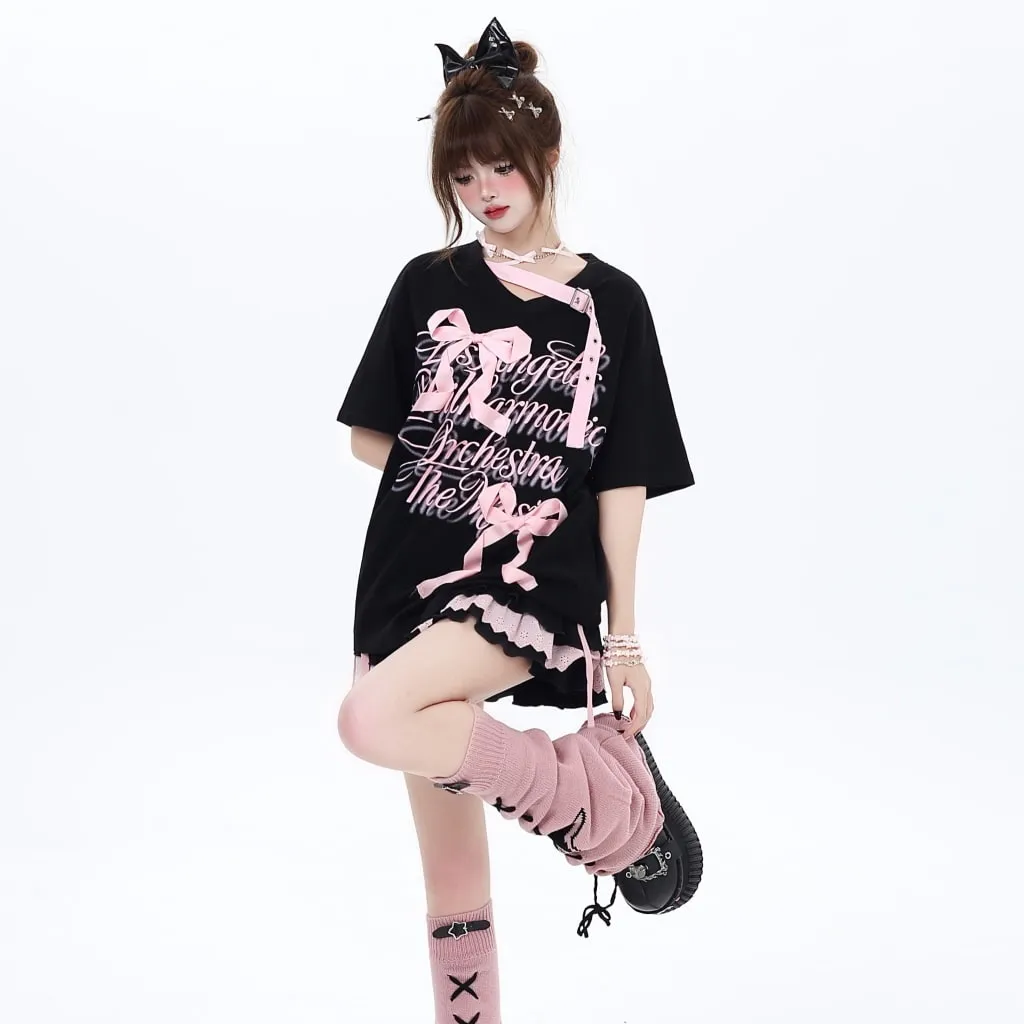 Summer Sweet Girl Style Three-Dimensional Bow Tie T-shirt