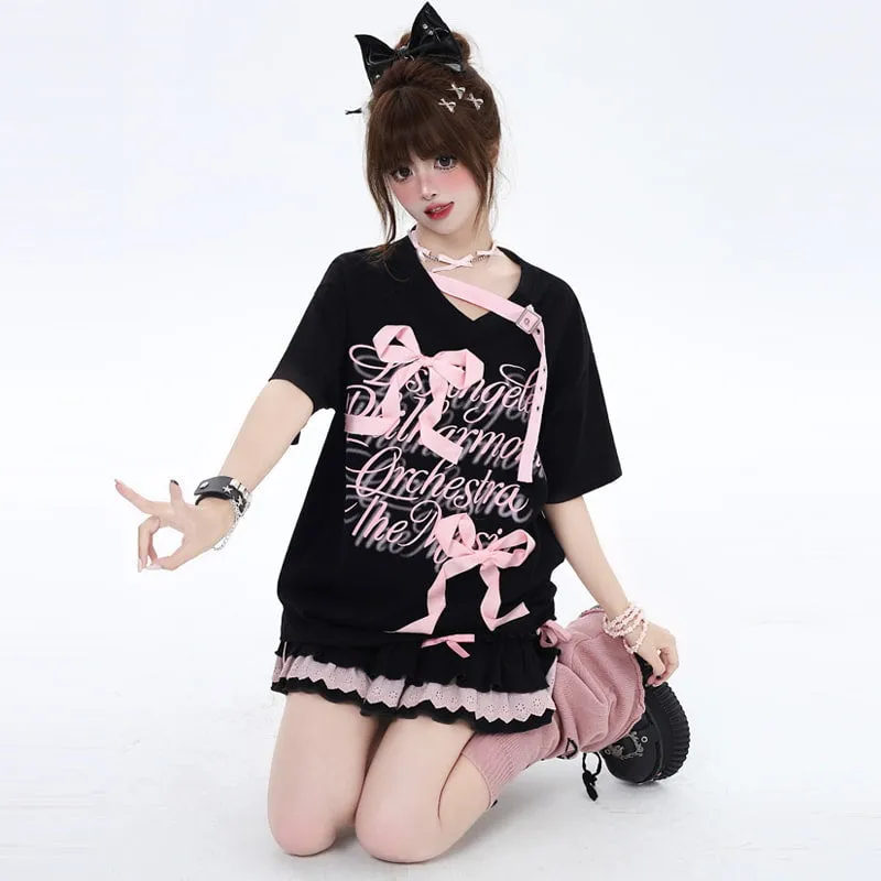 Summer Sweet Girl Style Three-Dimensional Bow Tie T-shirt