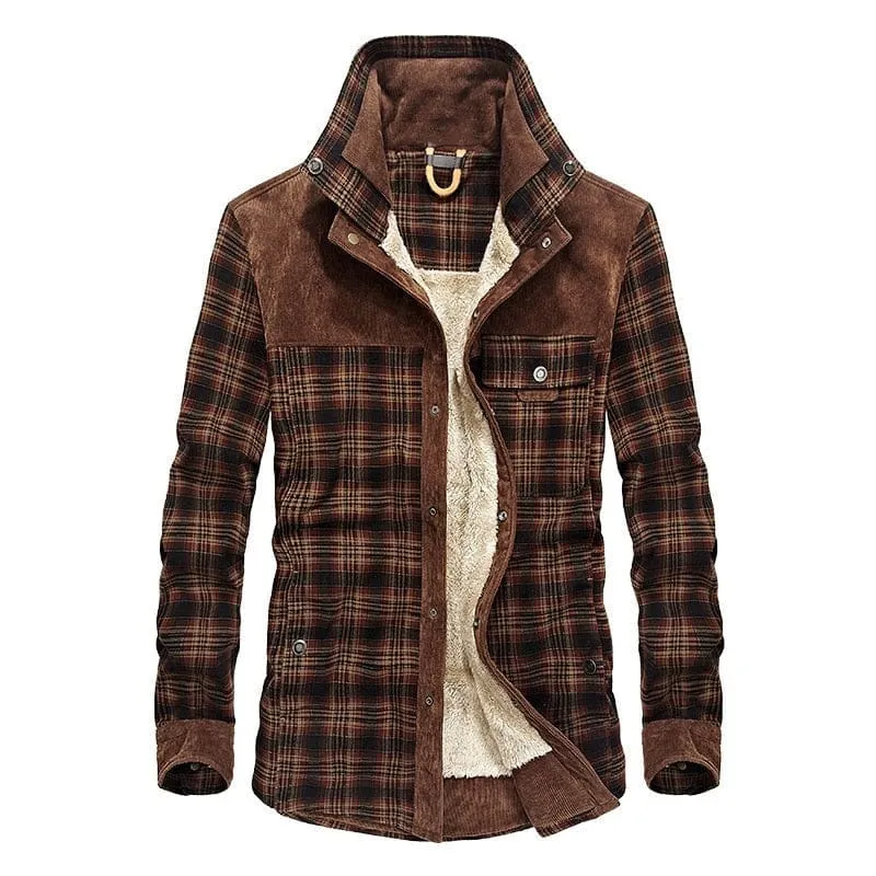 Thick Warm 100% Cotton Winter Plaid Long Sleeve Men Shirt
