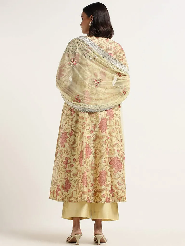 Vark Lemon Yellow Printed Cotton Blend Kurta with Inner, Palazzos and Dupatta Set