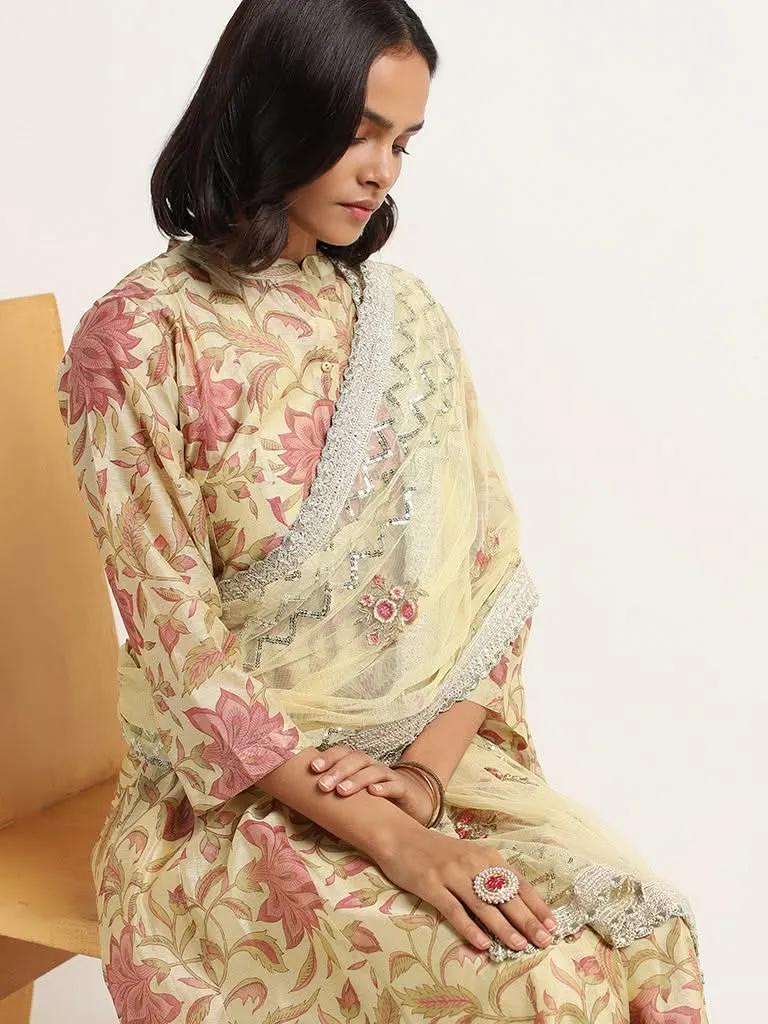 Vark Lemon Yellow Printed Cotton Blend Kurta with Inner, Palazzos and Dupatta Set