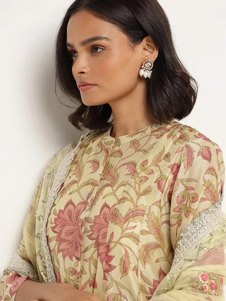 Vark Lemon Yellow Printed Cotton Blend Kurta with Inner, Palazzos and Dupatta Set