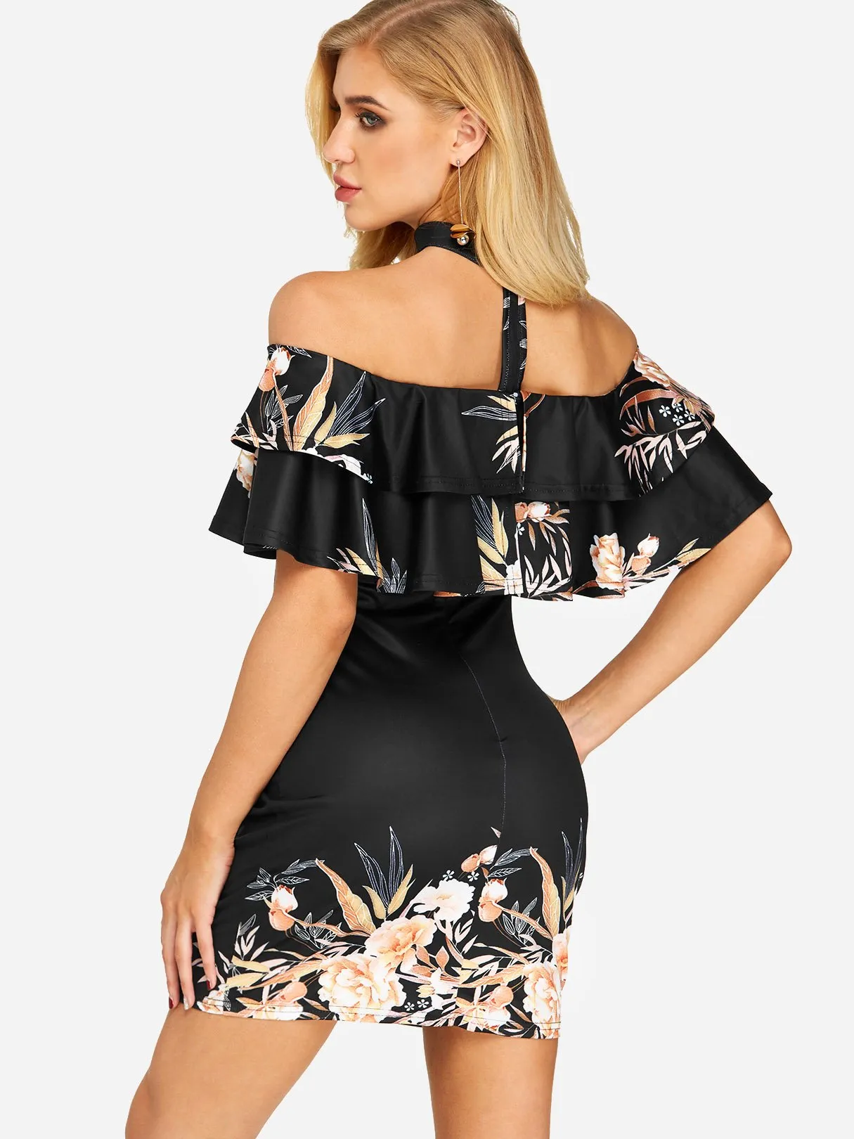 Wholesale Black Off The Shoulder Short Sleeve Floral Print Bodycon Dresses