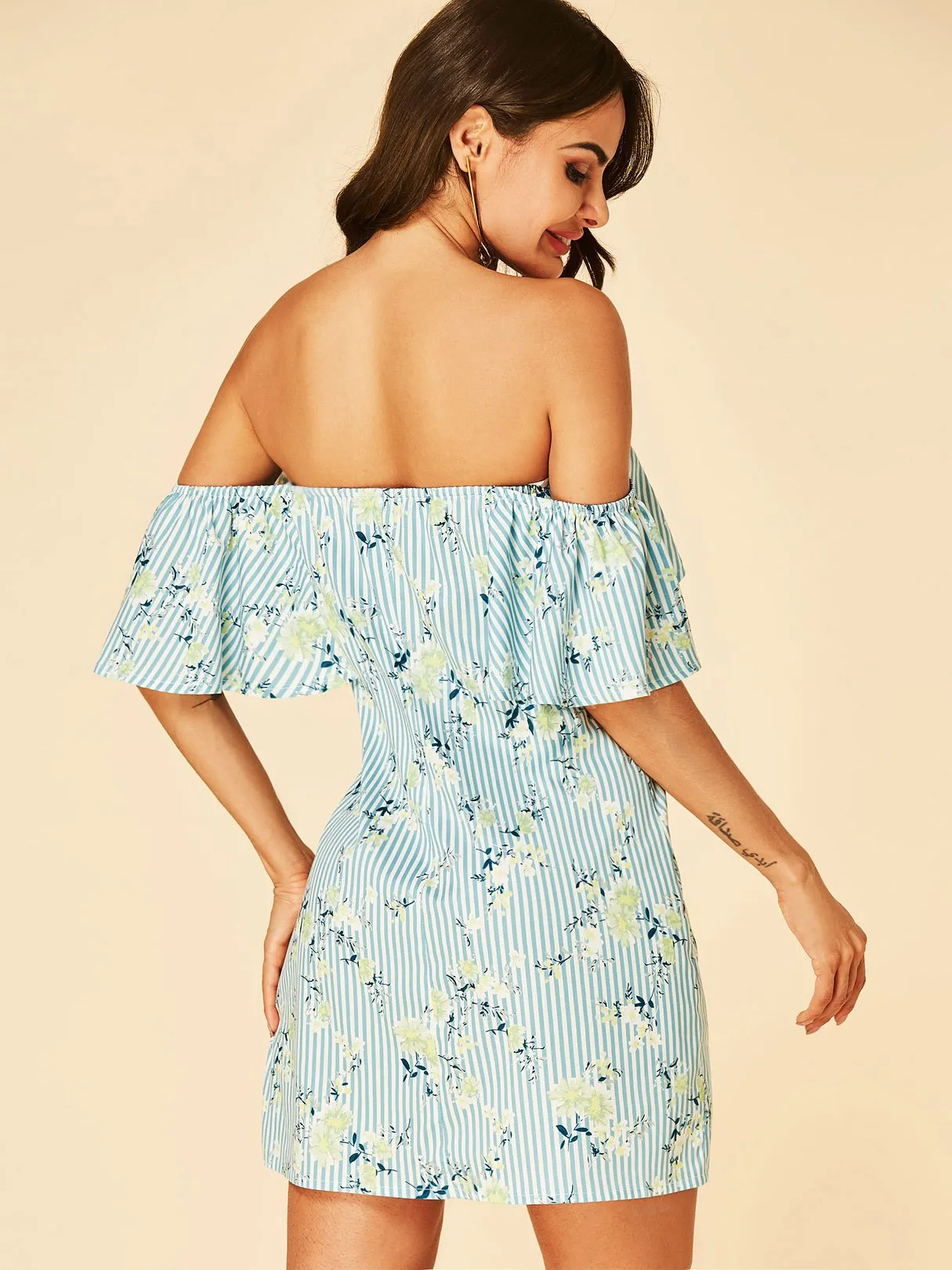Wholesale Blue Off The Shoulder Short Sleeve Stripe Floral Print Dresses